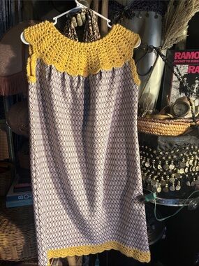 Yellow Crochet-Trim Midi Dress with Patterned Body